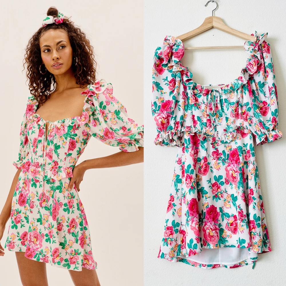 For Love & Lemons XS Imogene puff sleeve floral mini dress